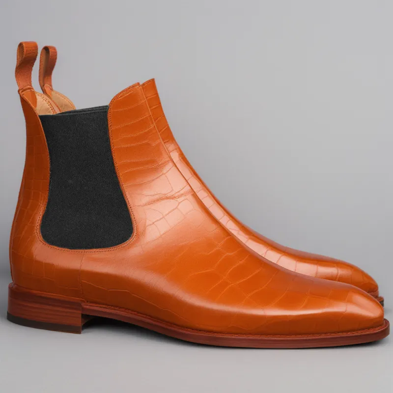 Flat Feet Shoes - Tan Croc Print Leather Fenland Slip On Chelsea Boots with Arch Support sold by Costoso Italiano