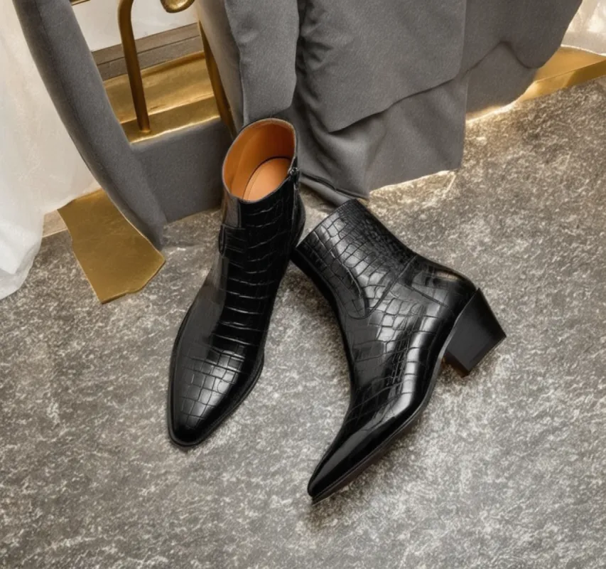 Black Croc Print Leather Fiorina Slip On Zipper Pointed Boots for Men - AW24 sold by Costoso Italiano