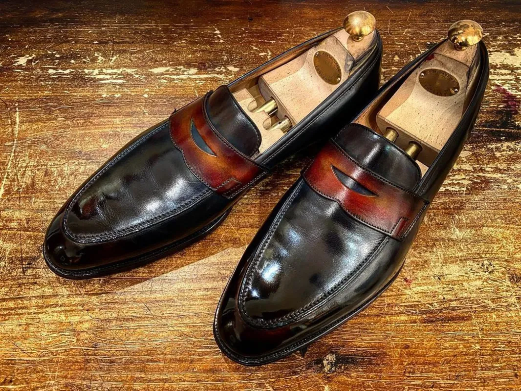 Black and Tan Patina Leather Horsham Slip On Penny Loafers sold by Costoso Italiano