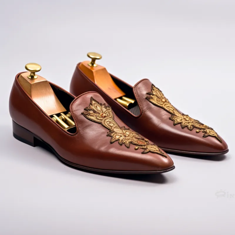 Burgundy Leather Hand Work Zardozi Peshawari Loafers | Wedding Shoes for Groom | Shoes for Haldi Mehendi Sangeet sold by Costoso Italiano