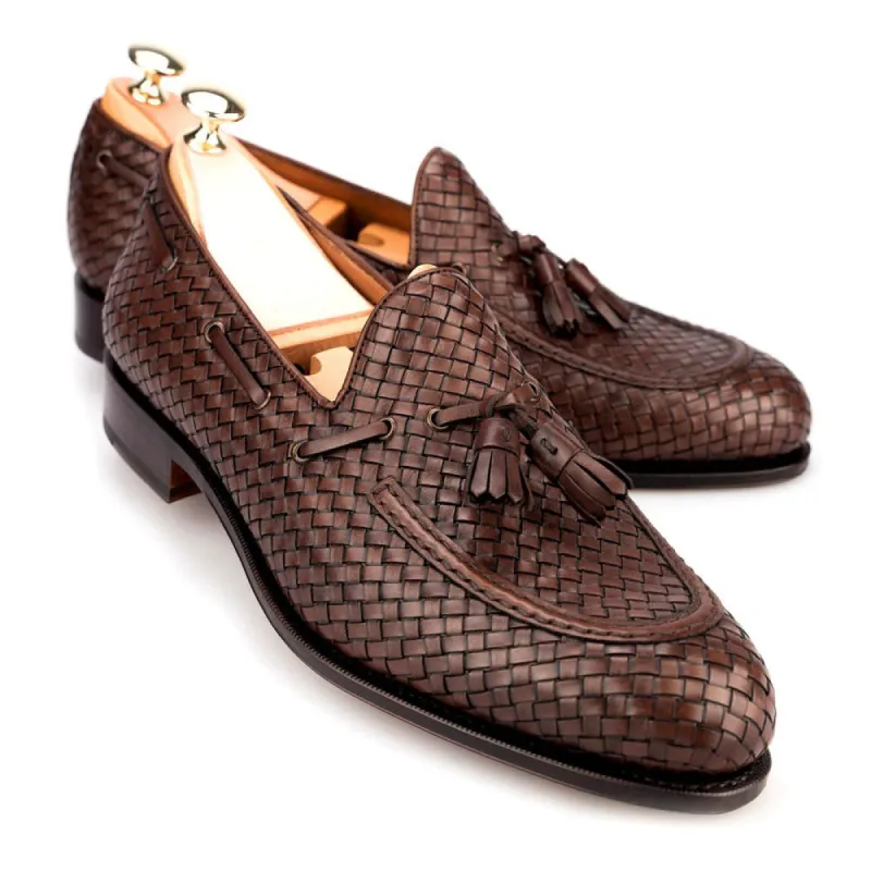 Height Increasing Brown Hand Woven Braided Leather Acton Tassel Loafers sold by Costoso Italiano
