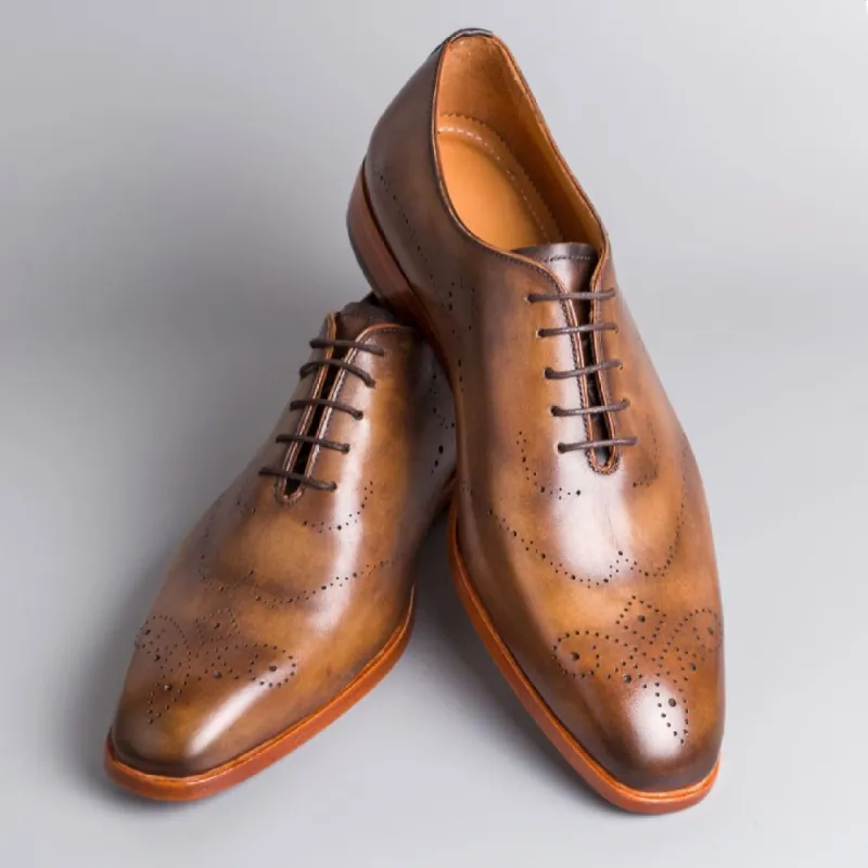 Height Increasing Tan Leather Flawil Whole Cut Brogue Oxfords - Formal Shoes sold by Costoso Italiano