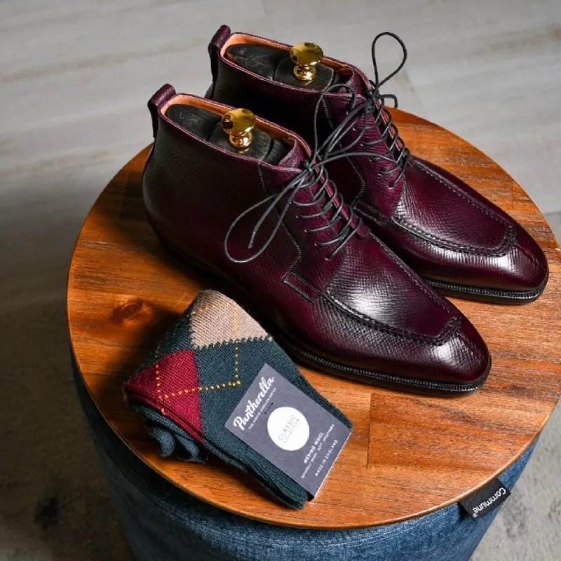Burgundy Brown Milled Grain Leather Tropea Lace Up Derby Boots - AW24 sold by Costoso Italiano