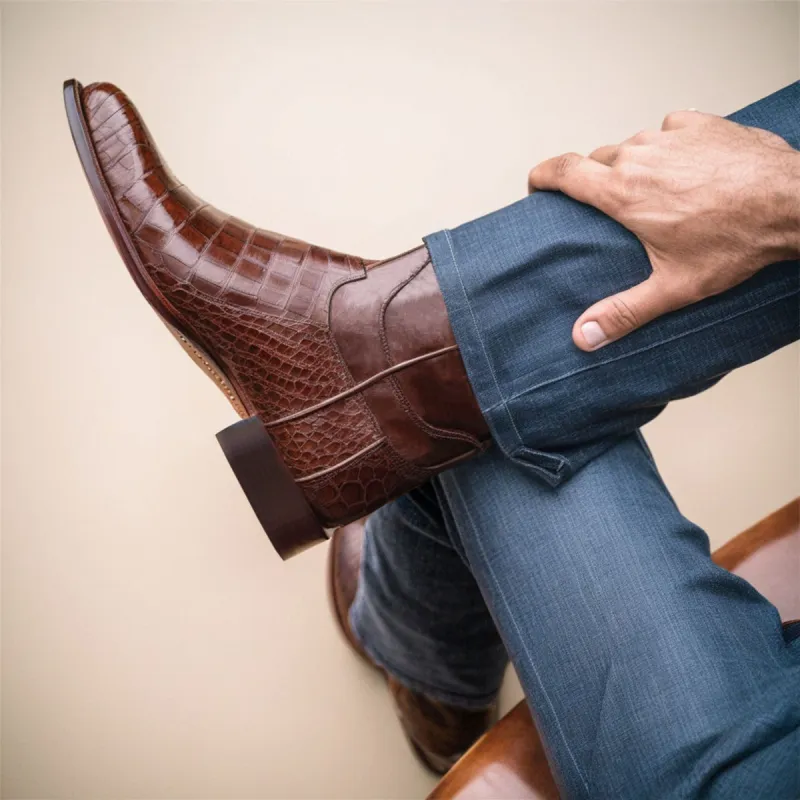 BROWN LEATHER RENOVAUX SLIP ON Zipper Western Cowboy Boots - AW24 sold by Costoso Italiano