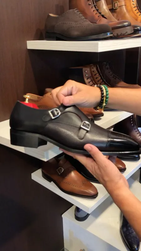 Black Leather Osiris Brogue Monk Strap Shoes - AW24 sold by Costoso Italiano