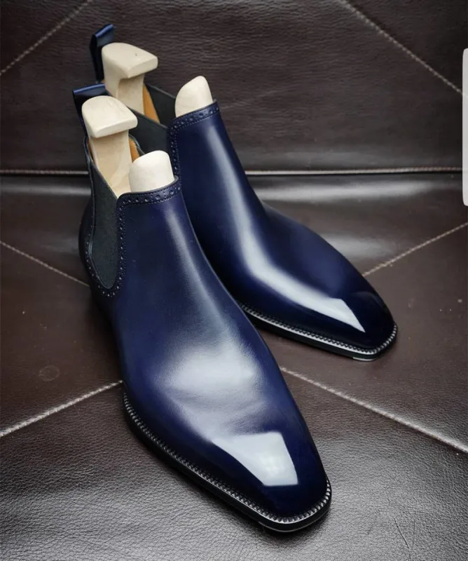 Navy Blue Leather Tarnovo Slip On Chelsea Boots sold by Costoso Italiano