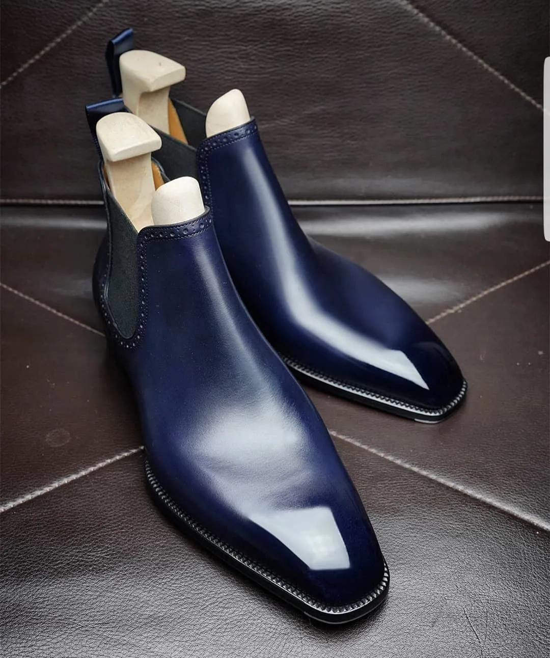Navy Blue Leather Tarnovo Slip On Chelsea Boots sold by Costoso Italiano