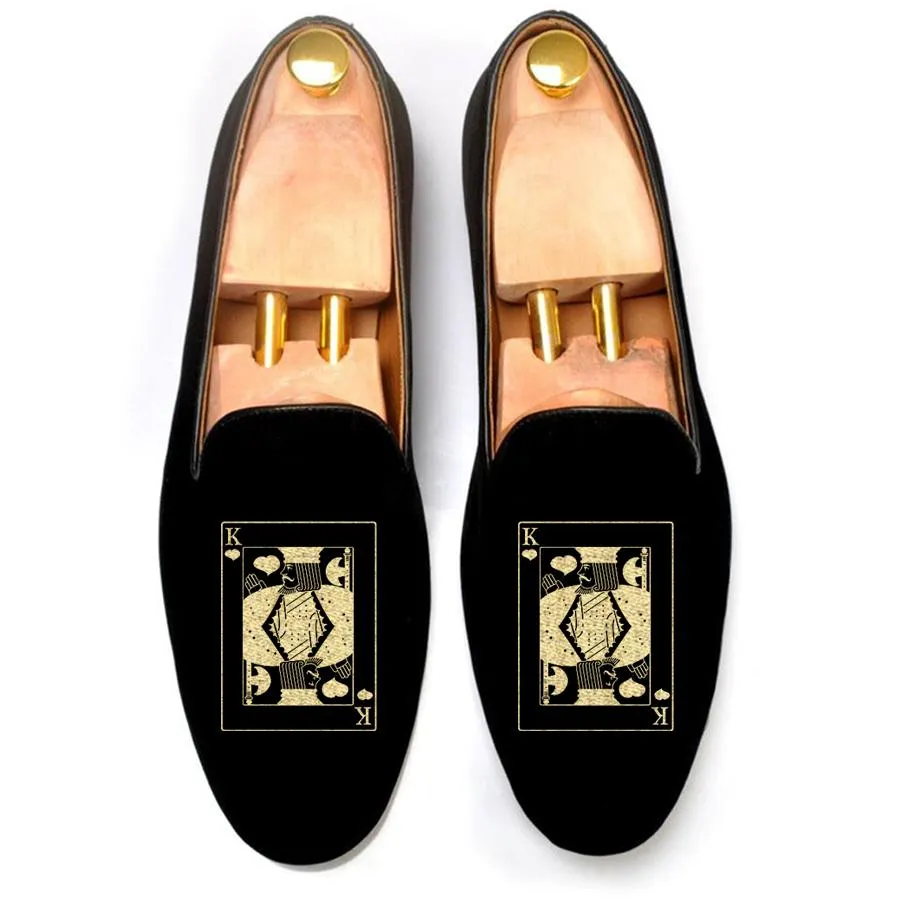 Flat Feet Shoes - Black Velvet King of Hearts Embroidered Loafers with Arch Support sold by Costoso Italiano