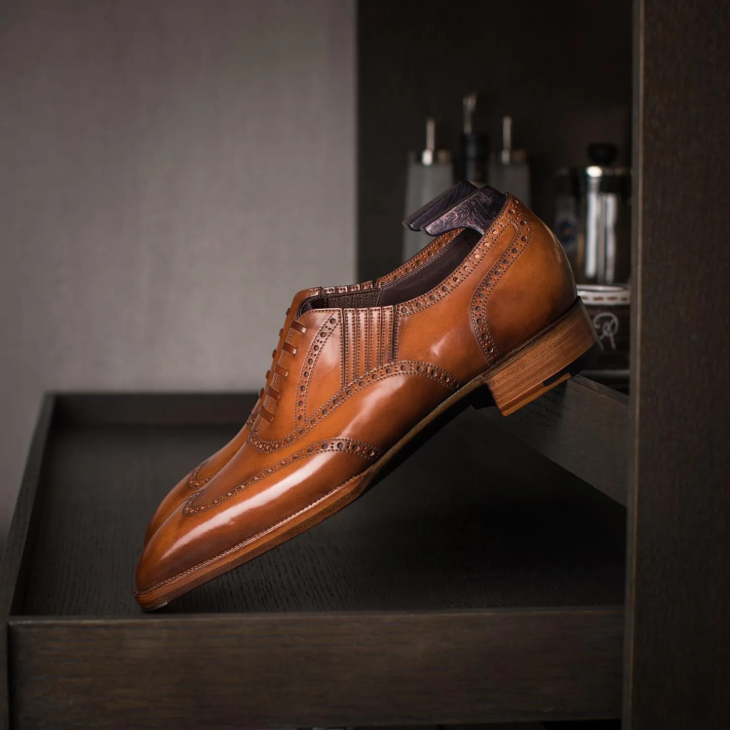 Tan Leather Teruel Brogue Wingtip Slip On Oxford Shoes - AW24 sold by Costoso Italiano