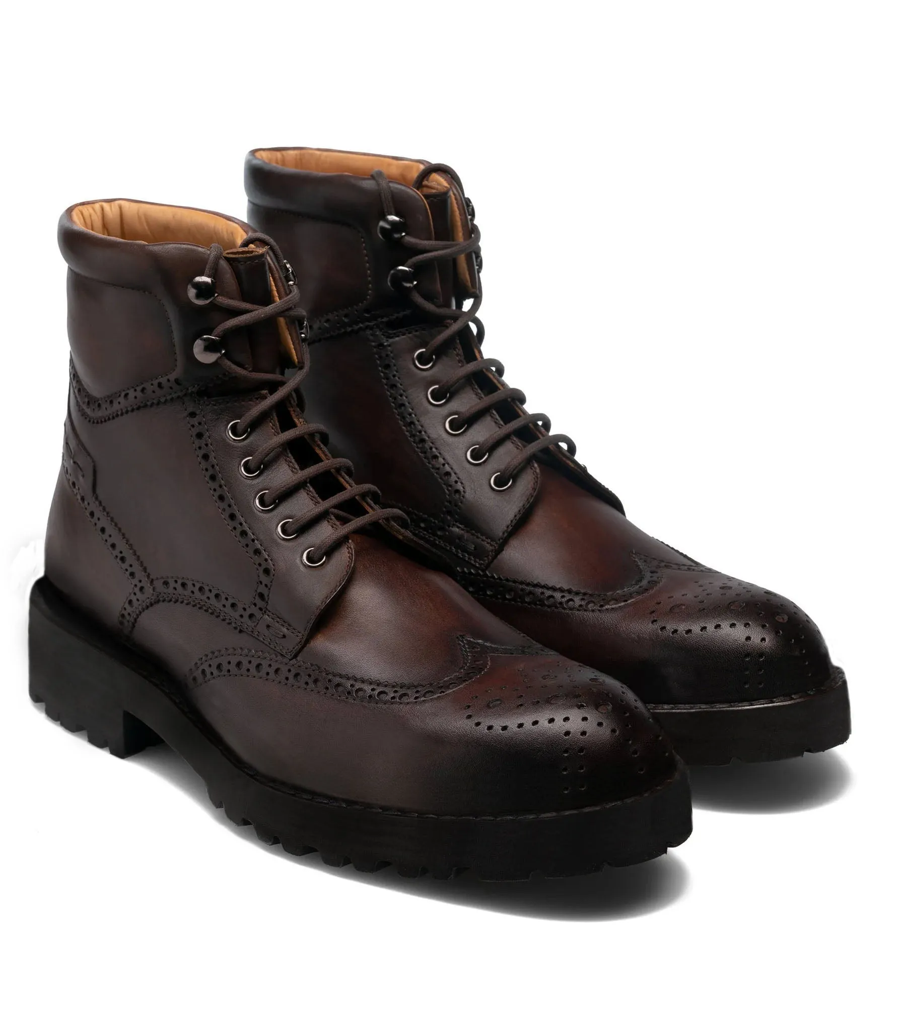 Height Increasing Brown Leather Troyes Chunky Derby Boots sold by Costoso Italiano