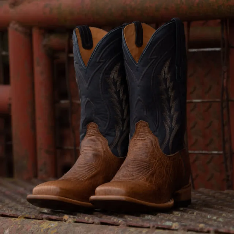 Tan and Navy Blue Leather Bartlett Slip On Zipper Western Cowboy Boots sold by Costoso Italiano
