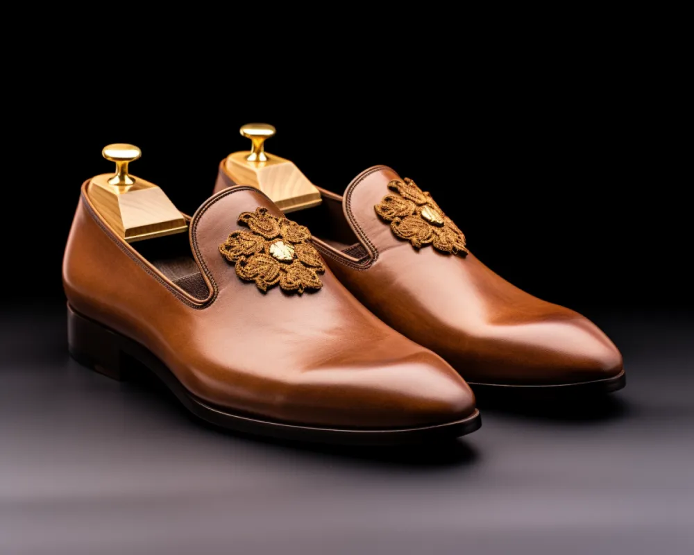 Tan Leather Embroidery Work Peshawari Loafers | Wedding Shoes for Groom | Shoes for Haldi Mehendi Sangeet sold by Costoso Italiano