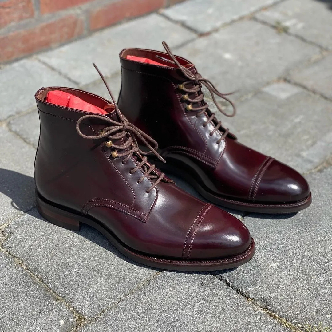 Luxury Edition - Artisian Made Burgundy Brown Italian Leather Asenovgrad Lace Up Toe Cap Boots sold by Costoso Italiano
