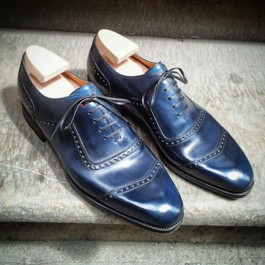 Height Increasing Navy Blue Leather Lagos Brogue Toe Cap Oxfords - Formal Shoes sold by Costoso Italiano