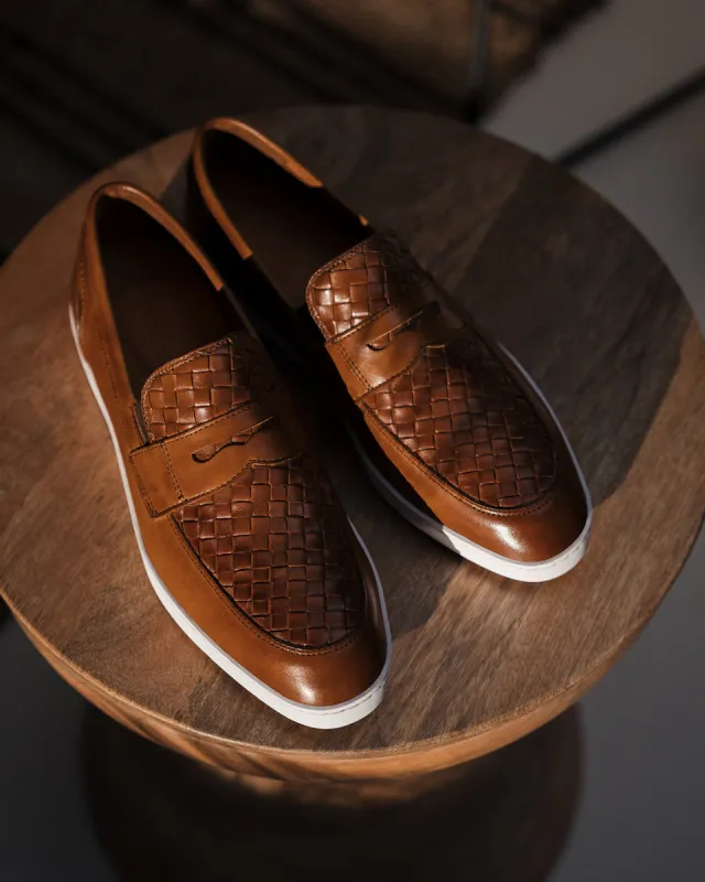 Tan Braided Leather Aurora Slip On Penny Sneakers with White Soles - Summer 2024 Collection sold by Costoso Italiano