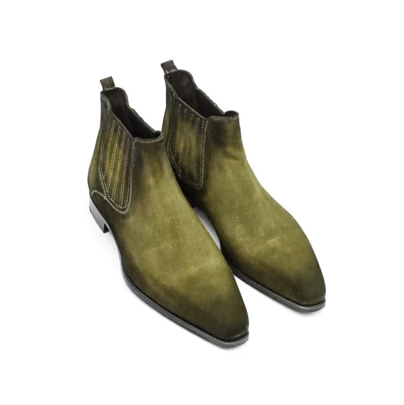 Flat Feet Shoes - Goodyear Welted Cadaval Green Suede Chelsea Boot with Violin Leather Sole with Arch Support sold by Costoso Italiano