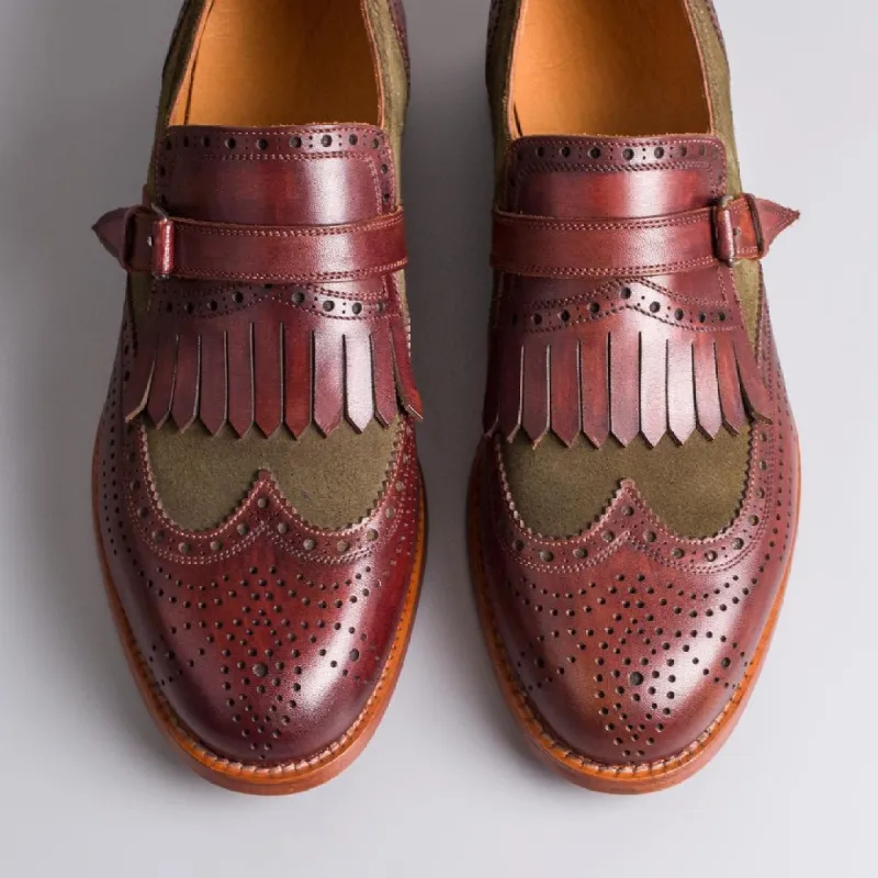 Burgundy Brown Leather Aigle Single Monk Straps sold by Costoso Italiano