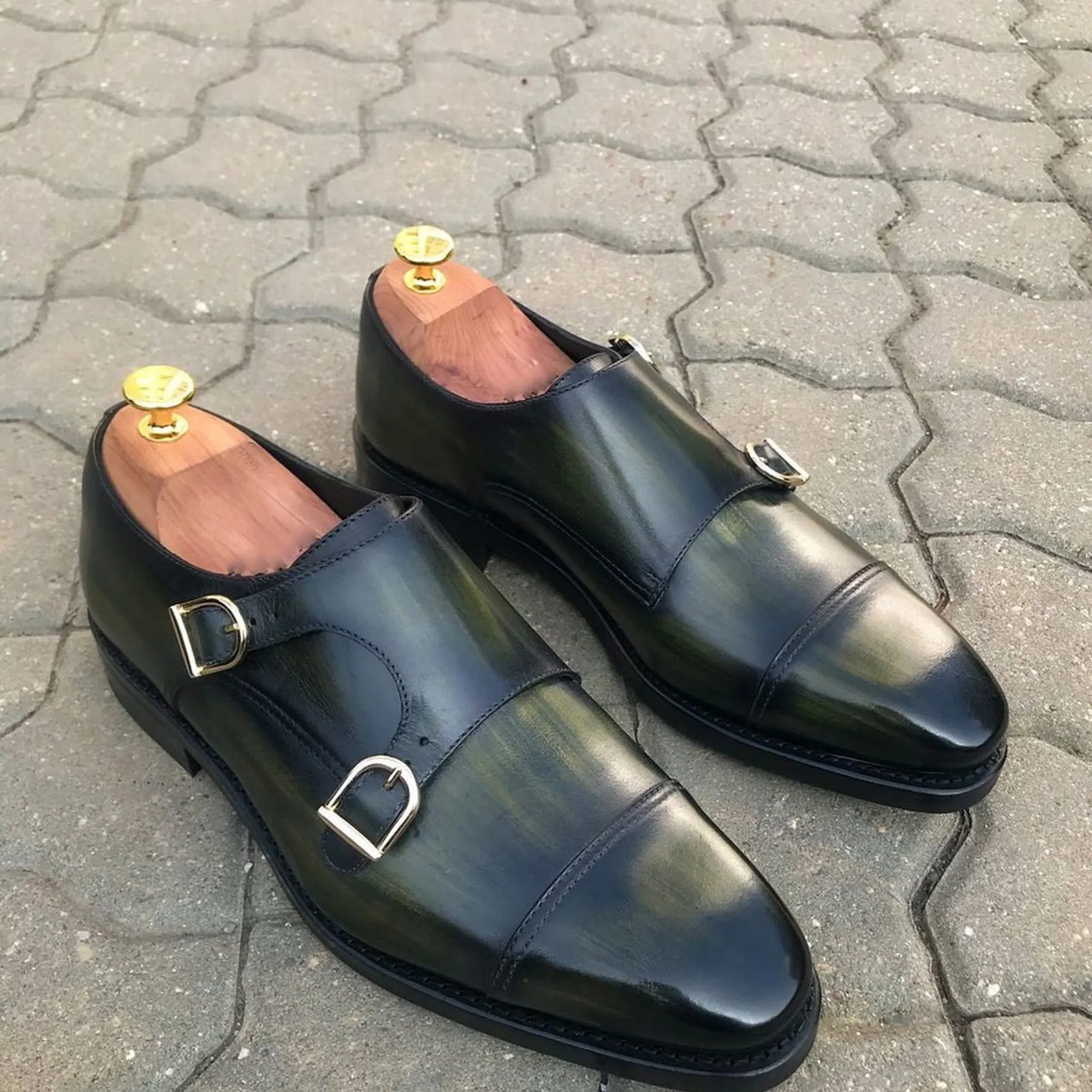 Green Patina Leather Burgas Double Monk Straps sold by Costoso Italiano