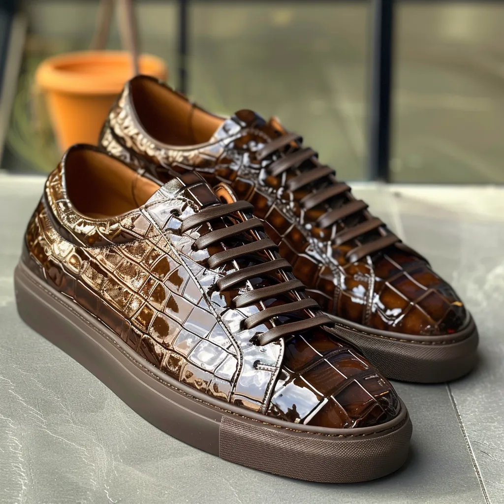 Brown Croc Print Leather Orsino Lace Up Sneakers sold by Costoso Italiano