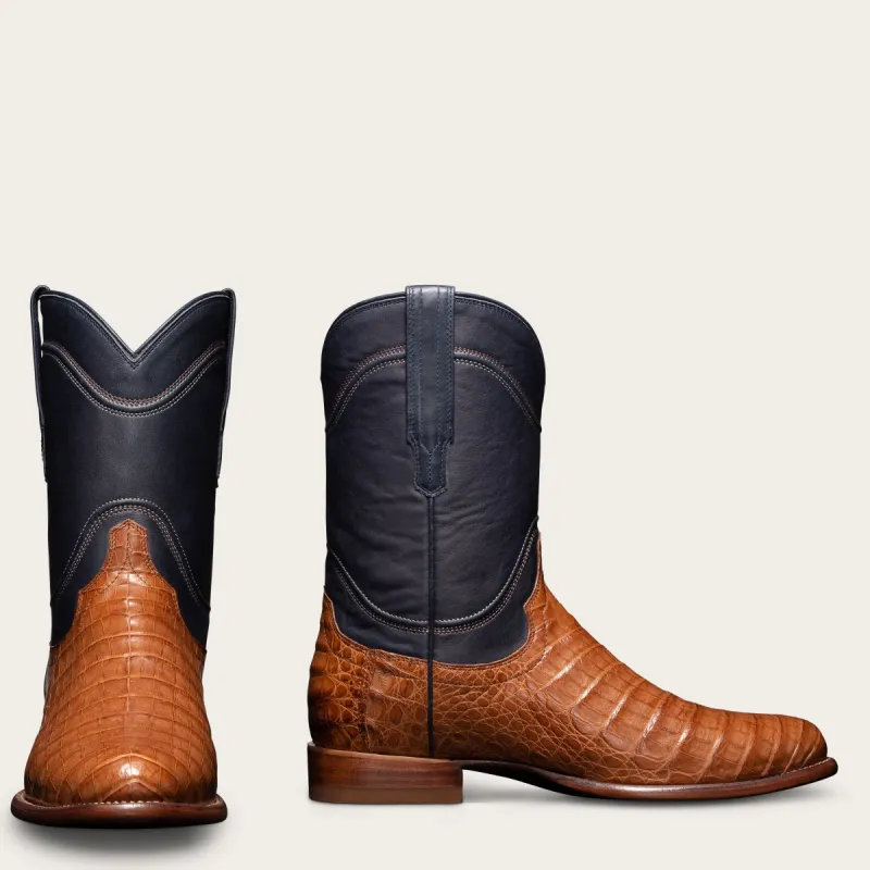 Navy Blue and Tan Italian Leather Remington Slip On Zipper Western Cowboy Boots sold by Costoso Italiano