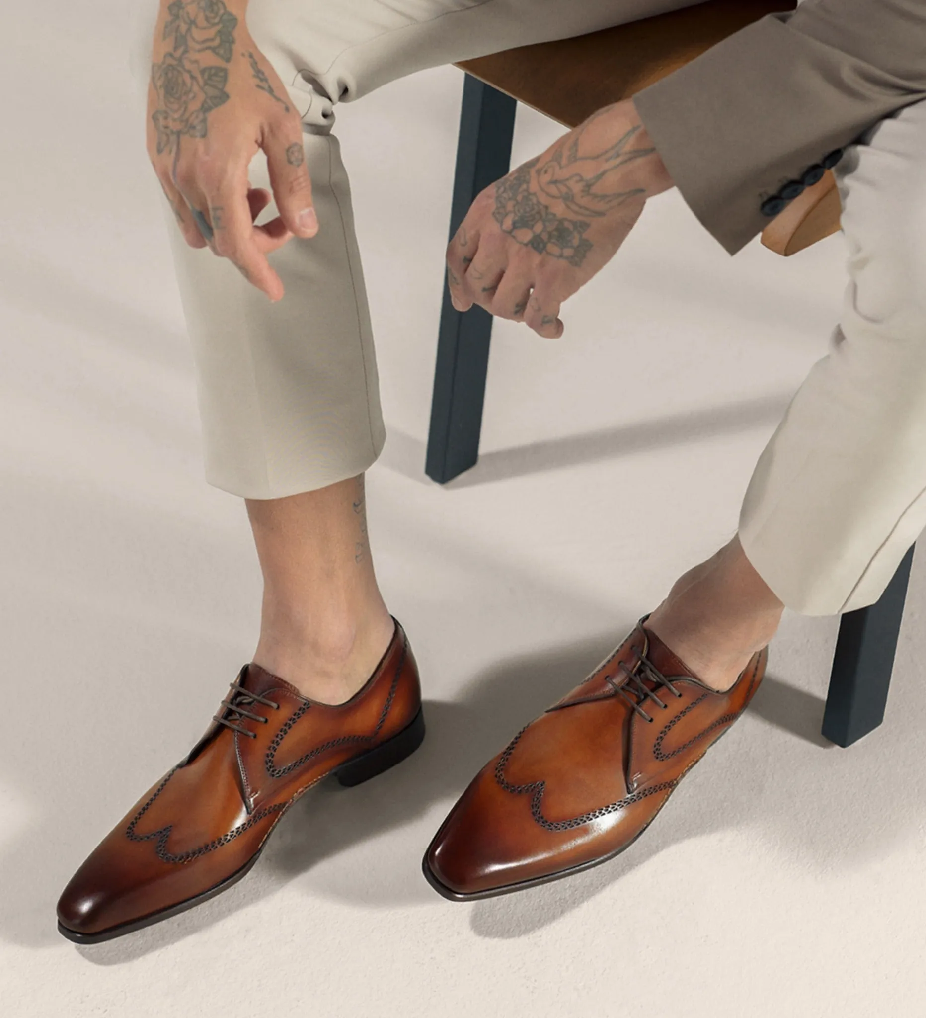 Tan Leather Niklaus Lace Up Bogue Wingtip Derby Shoes - SS23 sold by Costoso Italiano