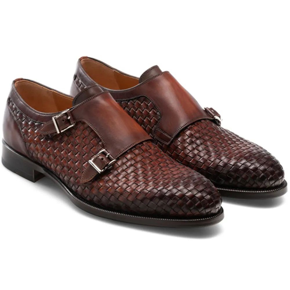 Height Increasing Brown Braided Leather Holloway Monk Straps sold by Costoso Italiano