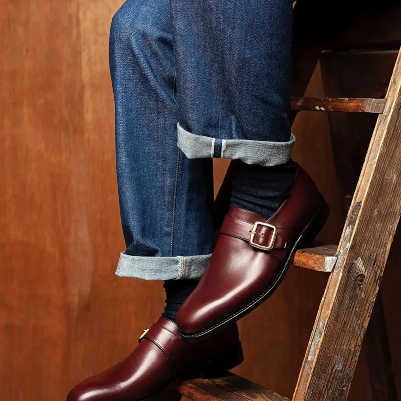 Burgundy Brown Leather Zagora Single Monk Strap Shoes sold by Costoso Italiano