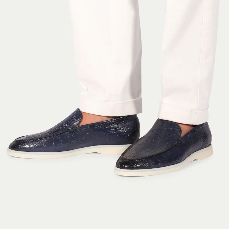 Navy Blue Croc Print Leather Athena Yatch Loafers with White Soles - Summer 2024 Collection sold by Costoso Italiano