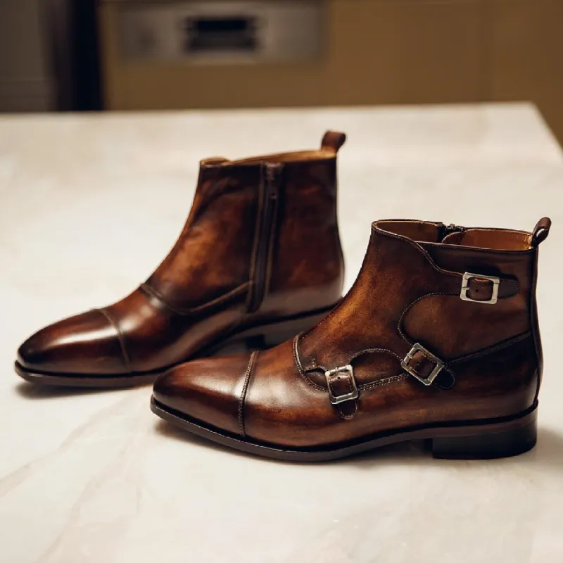 Height Increasing Brown Leather Armacao Monk Strap Boots sold by Costoso Italiano