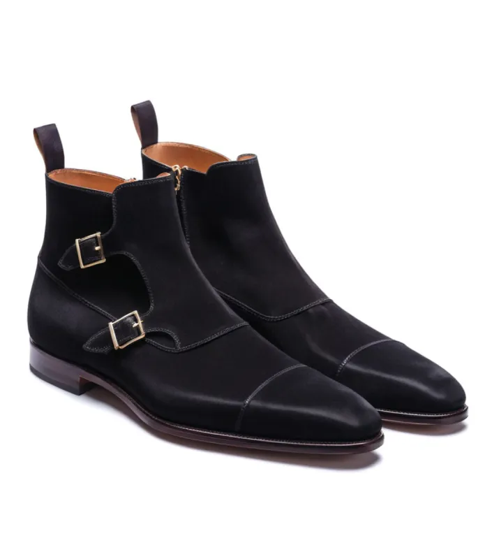 Black Suede Leather  Bordeaux Zipper Monk Strap Boots sold by Costoso Italiano