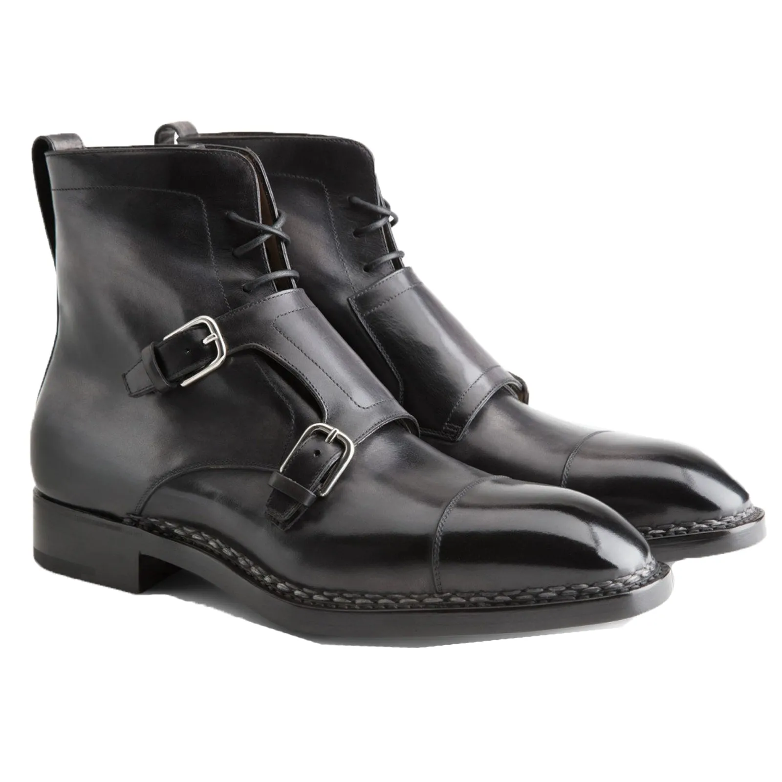 Norwegian Welted Mafra Black Leather Double Monk Strap Oxford Boot sold by Costoso Italiano
