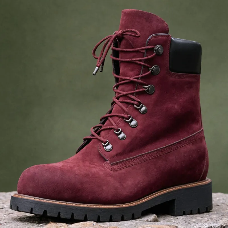 Burgundy Nubuck Leather Abbraccio Mid Calf Rugged Lace Up Combat Hiking Boots with Chunky Track Sole sold by Costoso Italiano