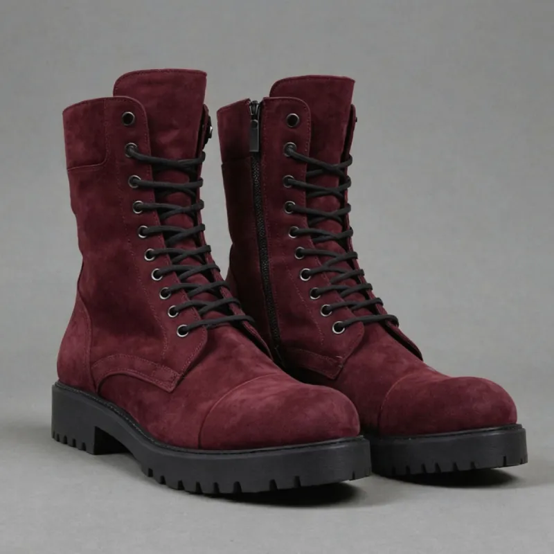 Maroon Suede Leather Oriella Lace Up Chunky Derby Boots with Zipper and Track Sole - AW24 - Hiking and Trekking Boots sold by Costoso Italiano