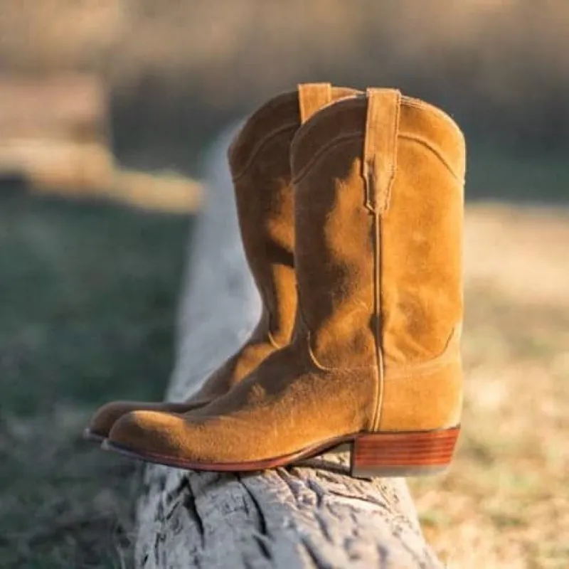 Luxury Edition - Artisian Made Tan Italian Italian Italian Suede Remington Slip On Zipper Western Cowboy Boots - GOODYEAR WELTED FIDDLE BACK VIOLIN SOLE sold by Costoso Italiano