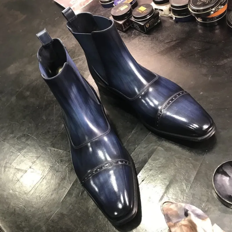 Navy Blue Patina Leather Yambol Slip On Chelsea Boots sold by Costoso Italiano