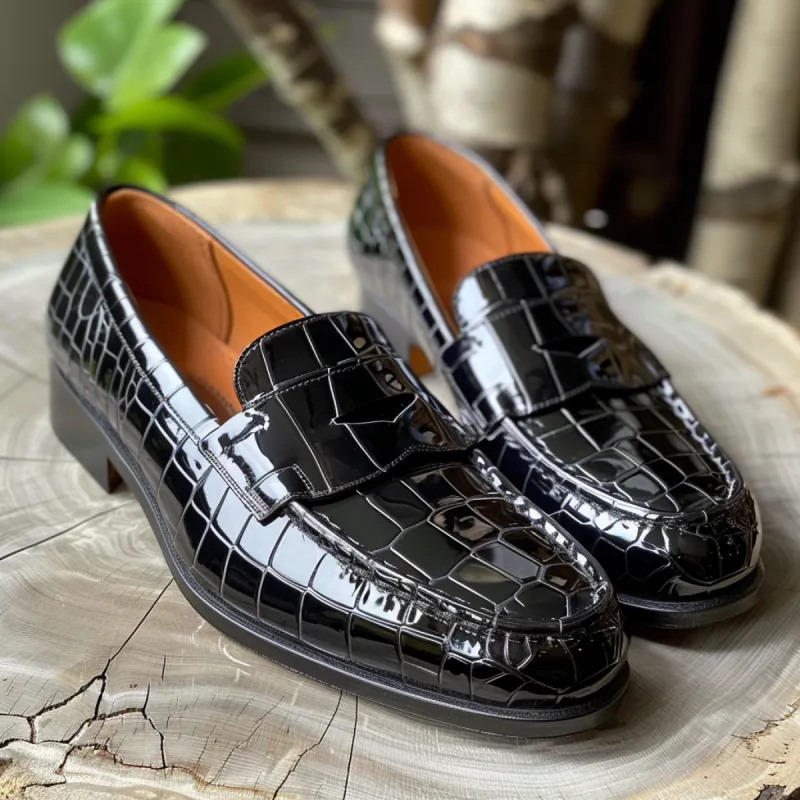 Black Croc Print Leather Anastasio Loafers sold by Costoso Italiano