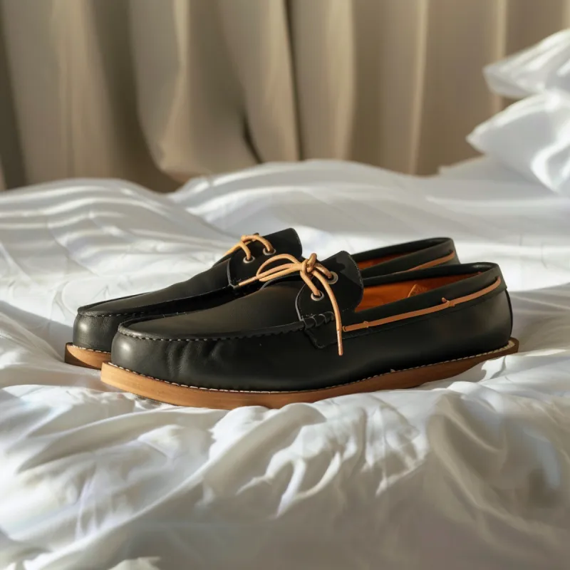 Black Ivano Boat Shoes with Tan Sole sold by Costoso Italiano