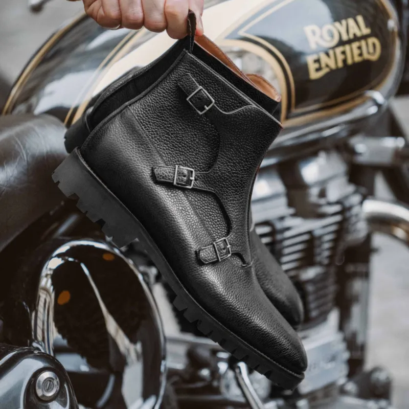 Black Leather Santana Chunky Monk Strap Boots - With Track Lug Soles - Hiking and Trekking Boots sold by Costoso Italiano