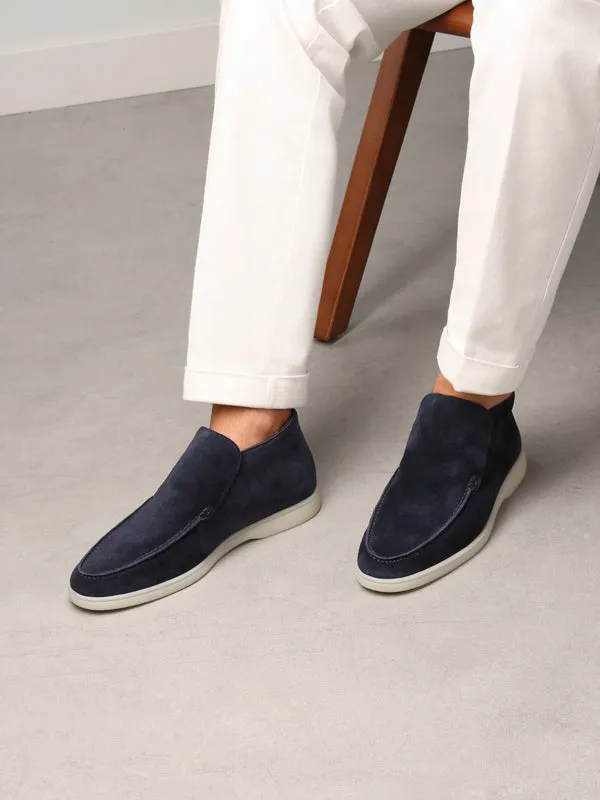 Height Increasing Navy Blue Leather Athena Slip On Yatch Half Boots with White Soles - Summer 2024 Collection sold by Costoso Italiano