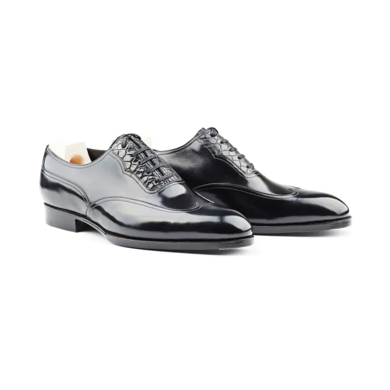 Flat Feet Shoes - Goodyear Welted Moncorvo Black Leather Croc Print Oxford With Violin Leather Sole with Arch Support sold by Costoso Italiano