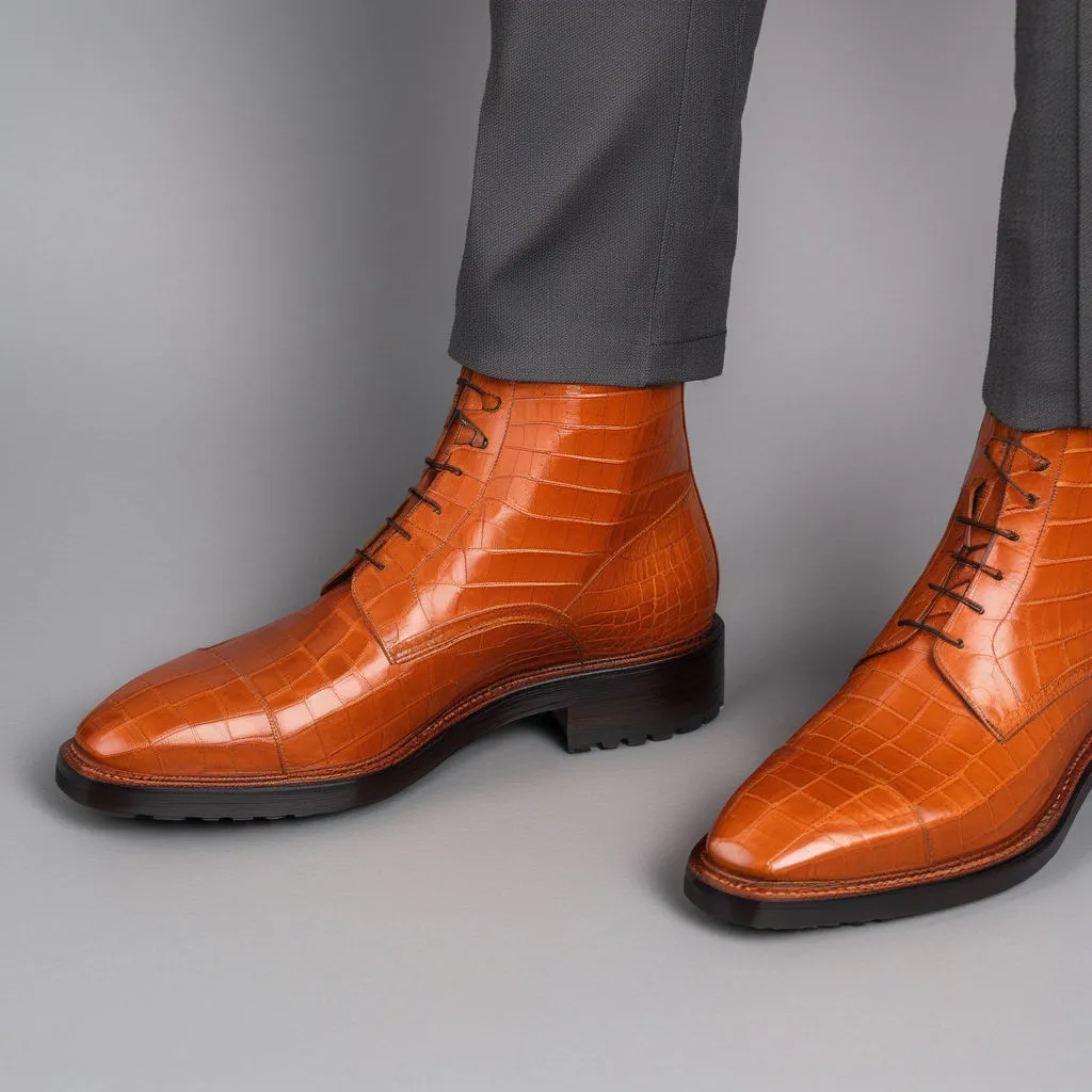 Tan Croc Print Leather Likech Lace Up Combat Boots -AW24 sold by Costoso Italiano