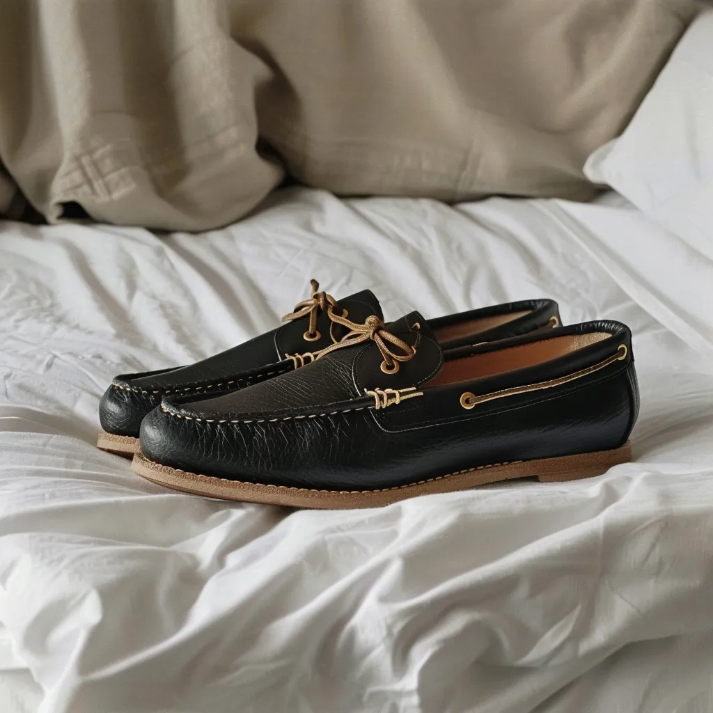 Black Guido Boat Shoes with Tan Sole sold by Costoso Italiano