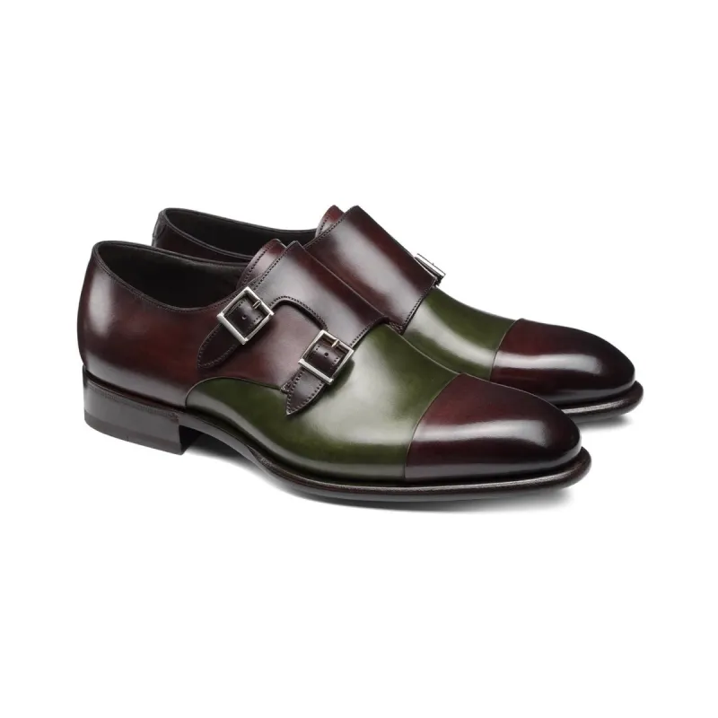 Flat Feet Shoes - Brown and Green Leather Castle Monk Straps with Arch Support sold by Costoso Italiano