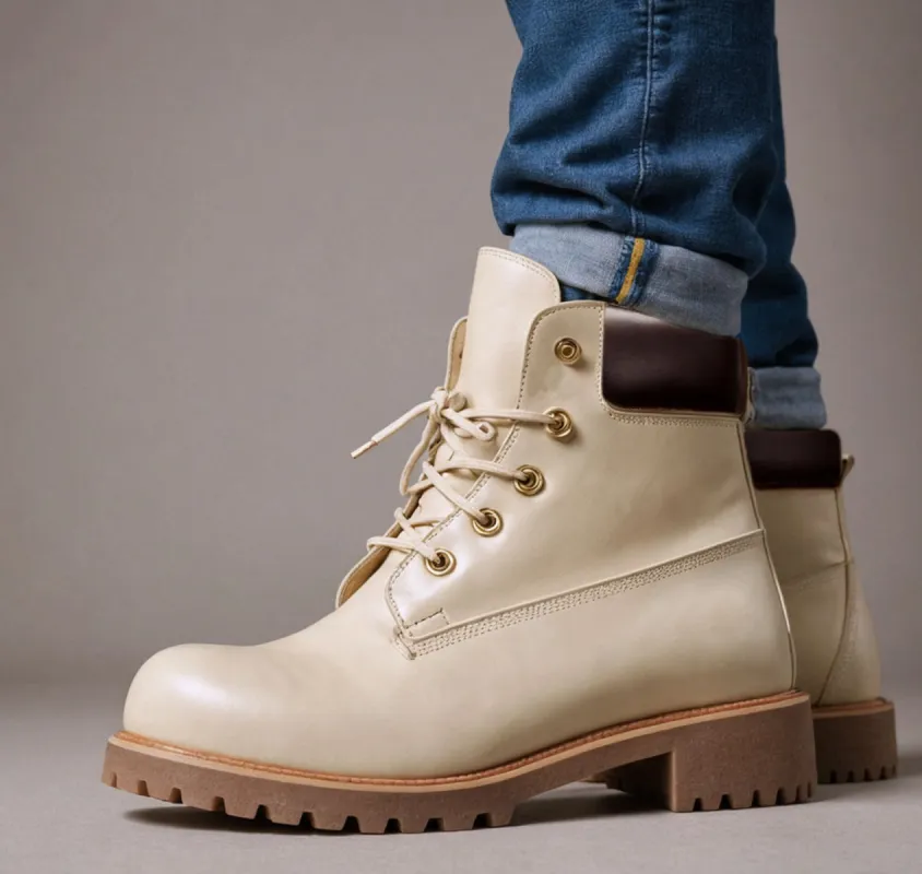 Luxury Edition - Artisian Made Cream Italian Leather Appoggio Ankle Rugged Lace Up Combat Hiking Boots with Chunky Track Sole sold by Costoso Italiano