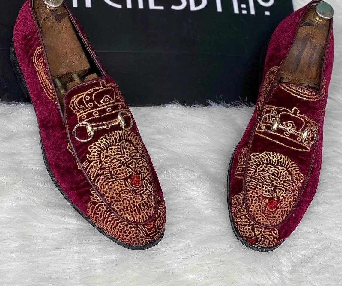 Red Velvet Embroidery Work Peshawari Loafers | Wedding Shoes for Groom | Shoes for Haldi Mehendi Sangeet sold by Costoso Italiano