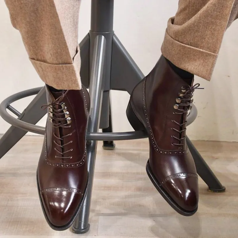 Brown Leather Barletta Lace Up Brogue Oxford Boots - AW24 sold by Costoso Italiano