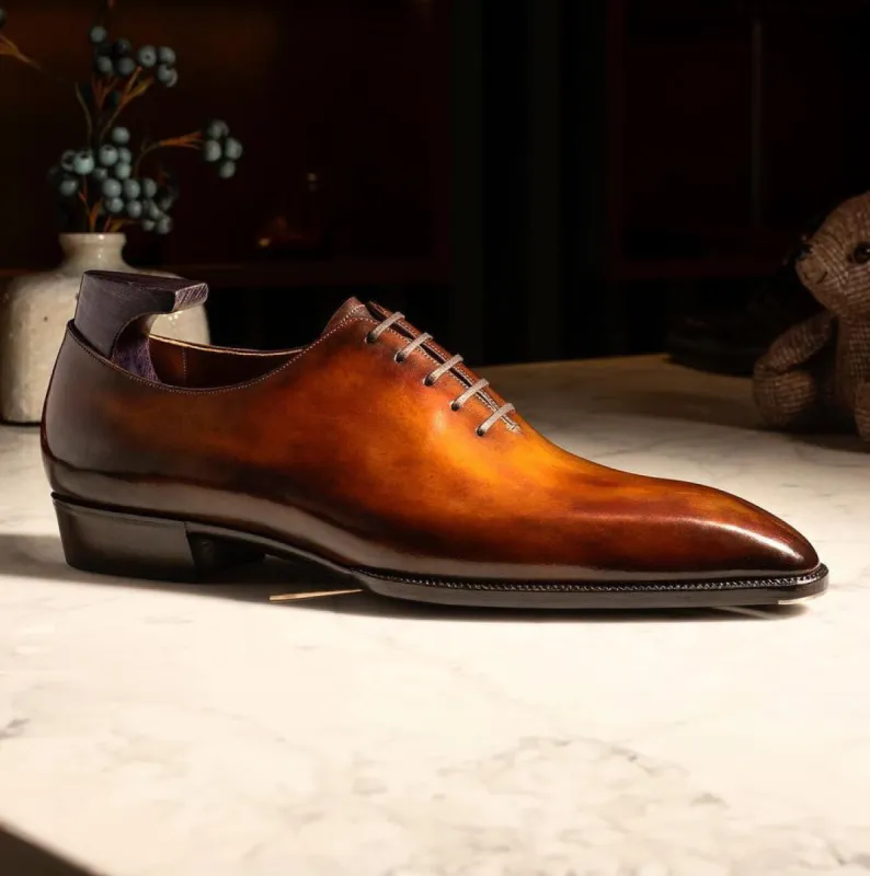 Tan Leather Sorano Whole Cut Lace Up Oxford Shoes - AW24 sold by Costoso Italiano