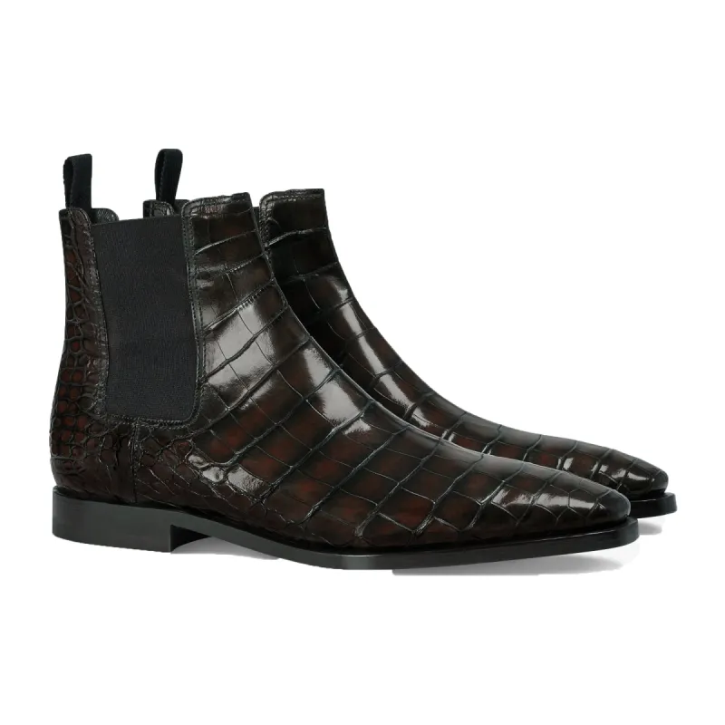 Height Increasing Brown Alligator Textured Leather Evington Chelsea Slip On Boots sold by Costoso Italiano