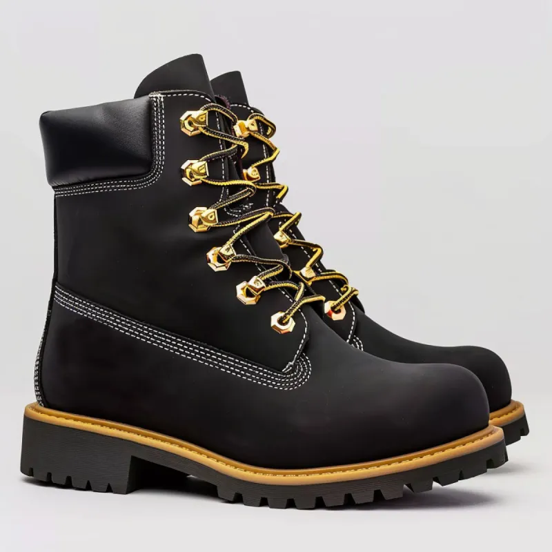 Black Leather Accordo Ankle Rugged Lace Up Combat Hiking Boots with Chunky Track Sole sold by Costoso Italiano