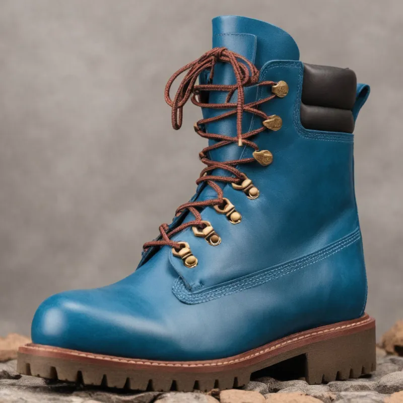 Blue Leather Abbraccio Mid Calf Rugged Lace Up Combat Hiking Boots with Chunky Track Sole sold by Costoso Italiano